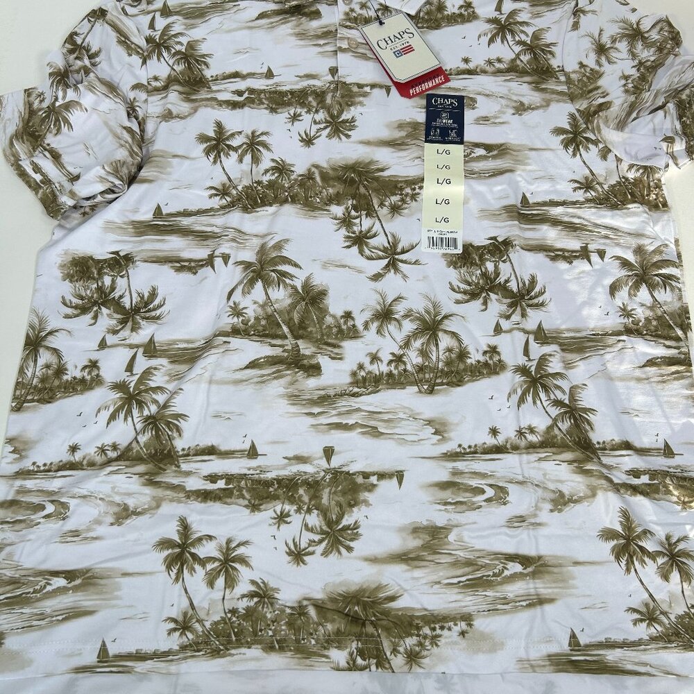 Chaps men's performance printed polo shirt featuring a palm tree scene.